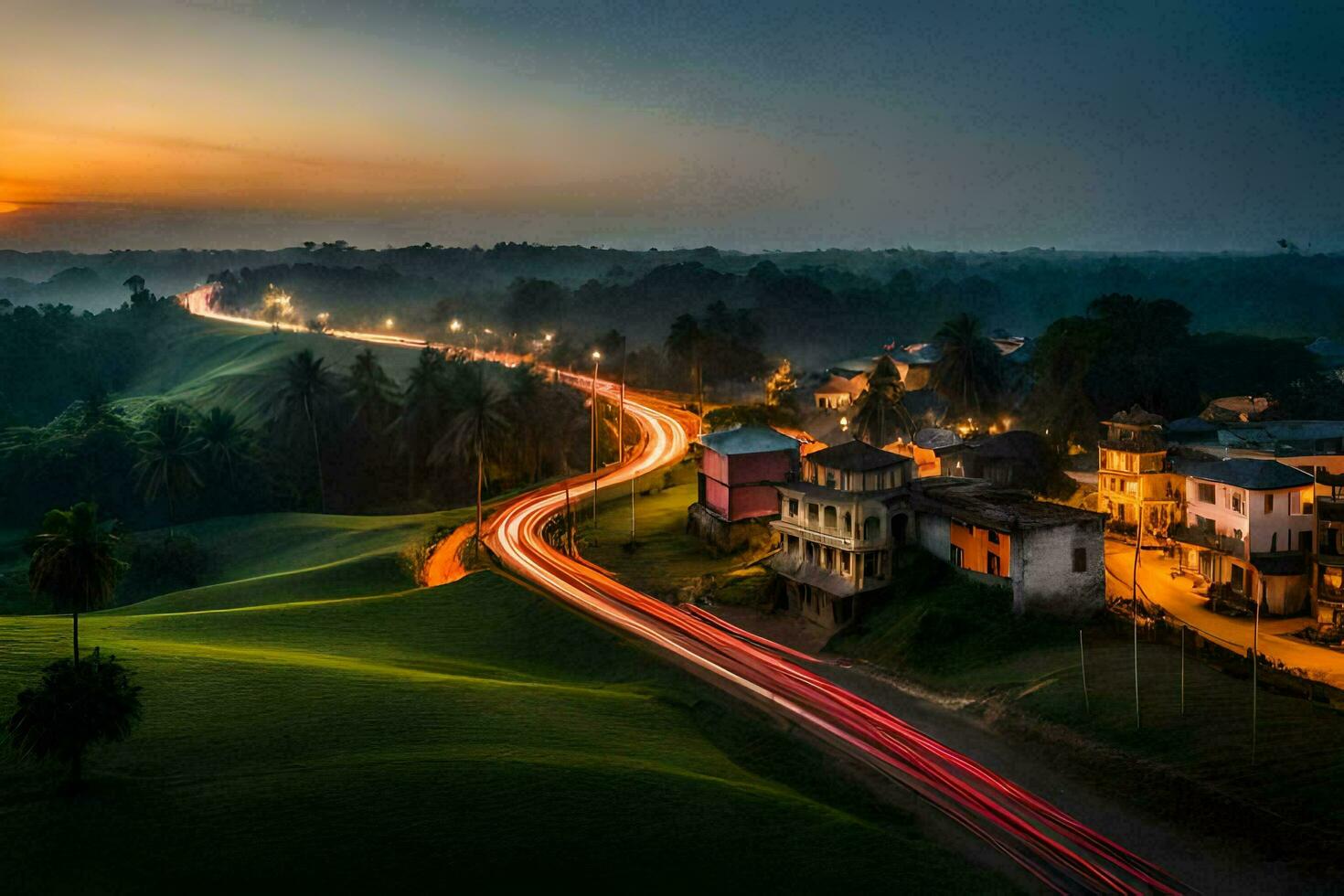 a long exposure photograph of a road in the countryside. AI-Generated photo