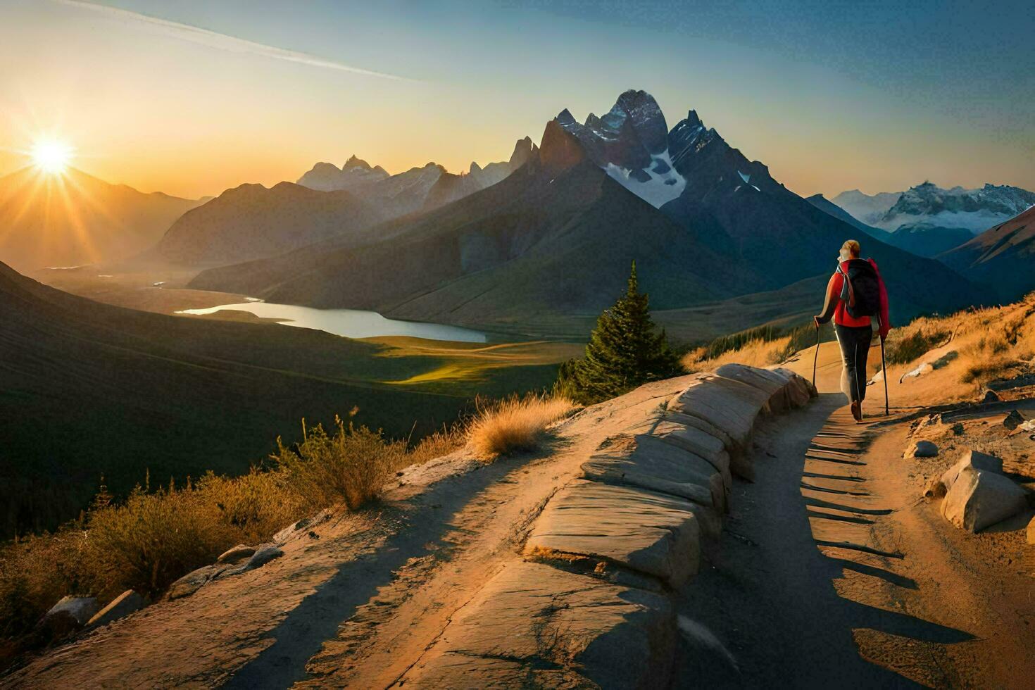 a person hiking on a trail in the mountains. AI-Generated photo