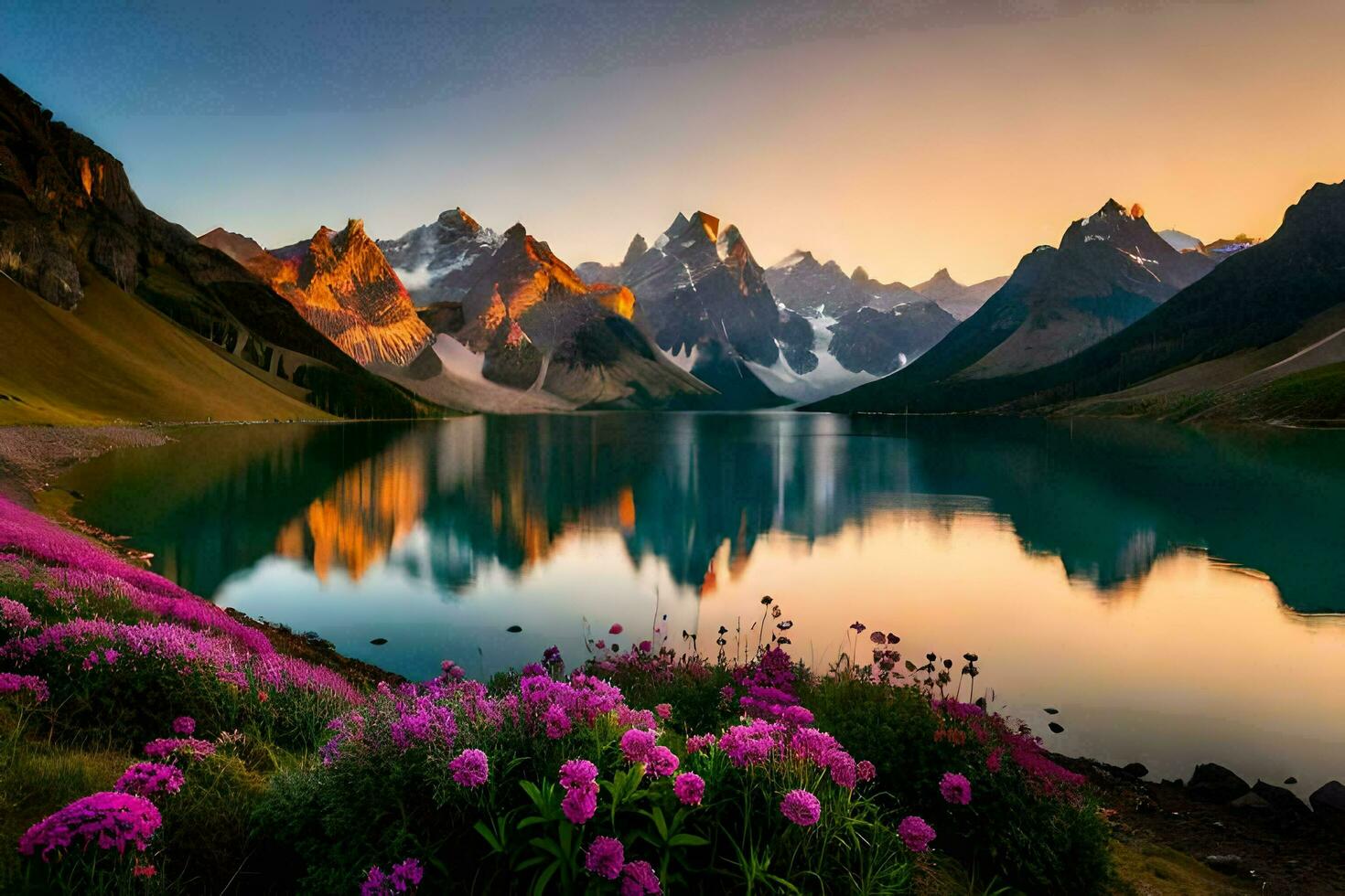 the mountains are reflected in the water at sunset. AI-Generated photo