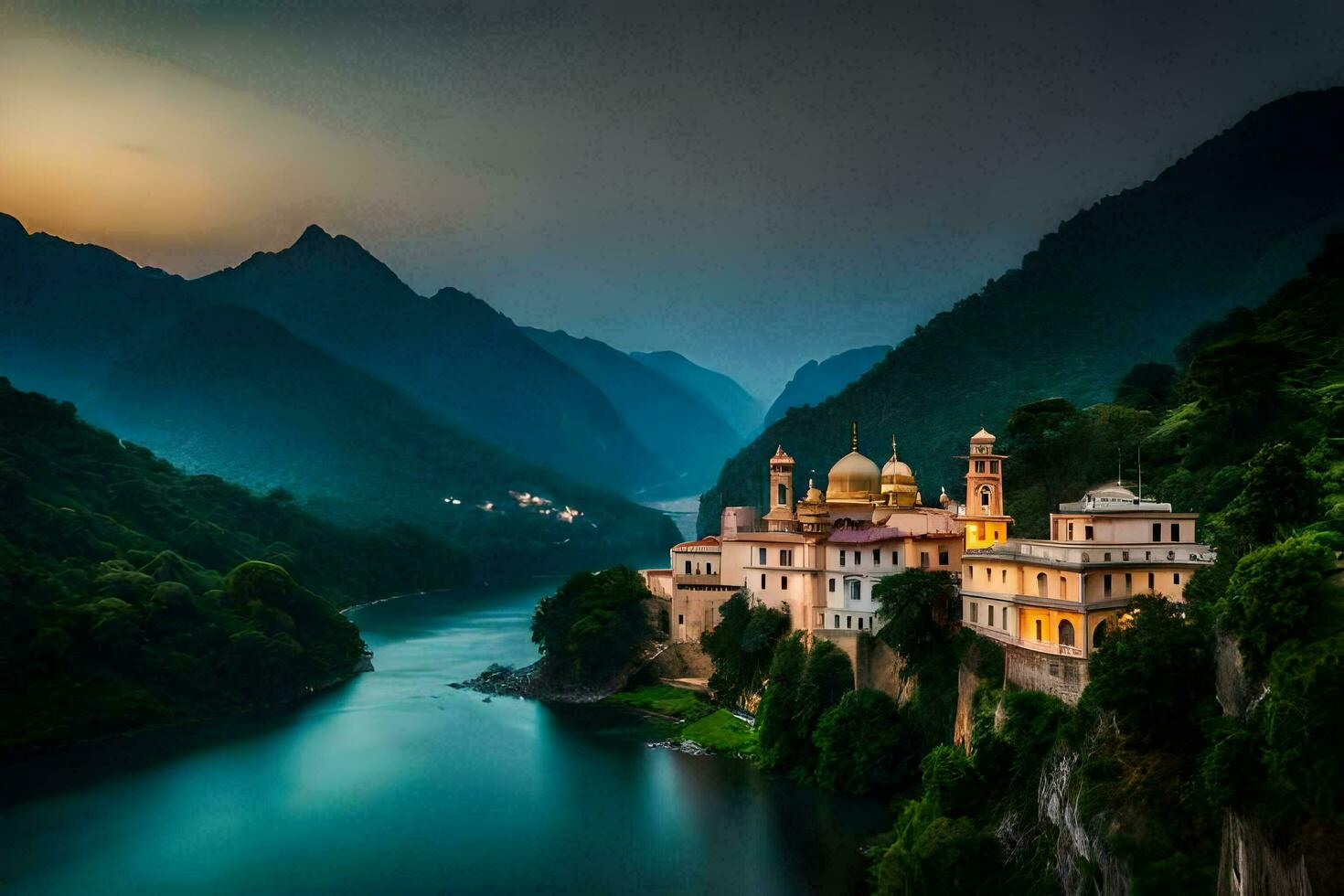 a beautiful church sits on the side of a river. AI-Generated photo