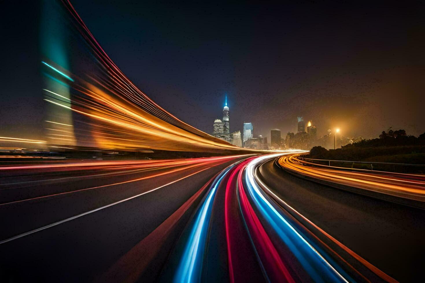 un largo exposición fotografía de un autopista a noche con luces. generado por ai foto