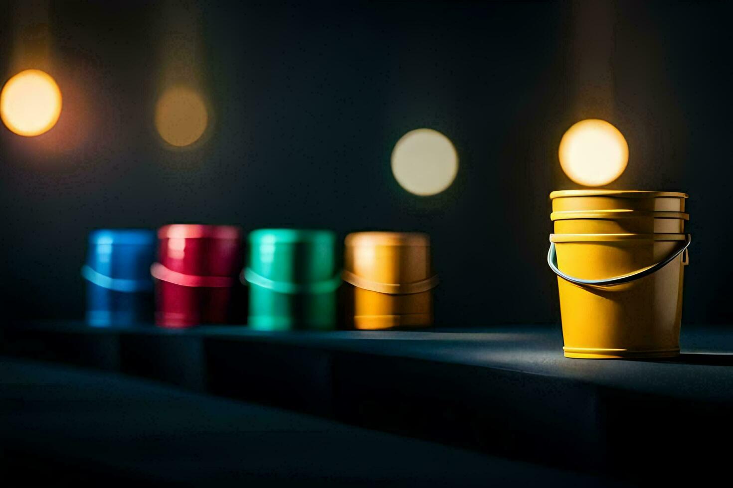 colorful buckets on a dark background. AI-Generated photo