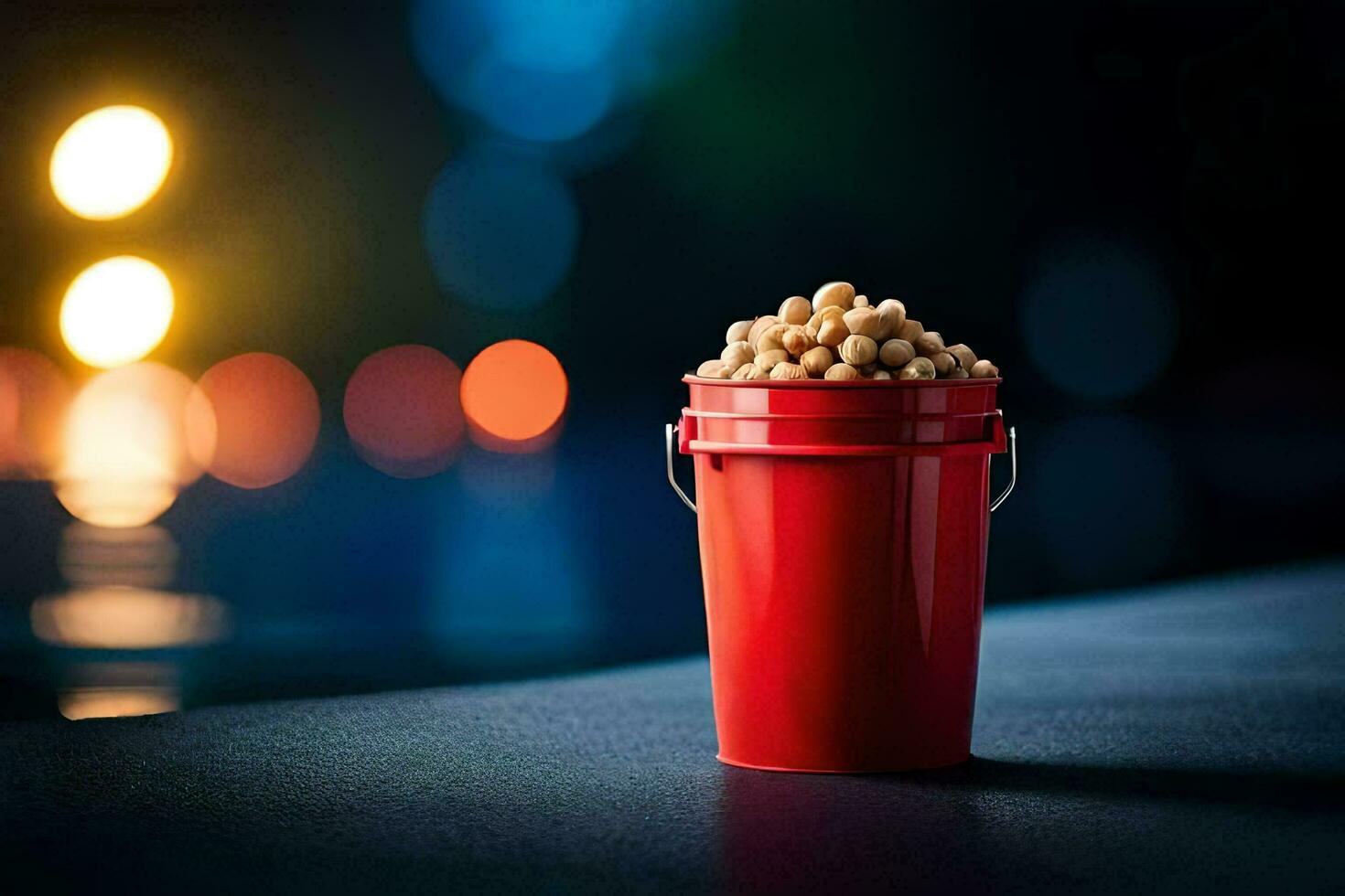 a red bucket filled with peanuts sitting on a table. AI-Generated photo