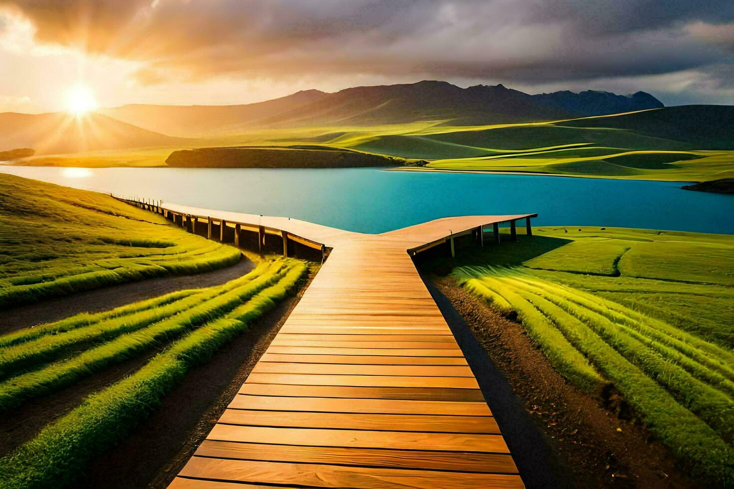 the boardwalk leads to the lake. AI-Generated photo