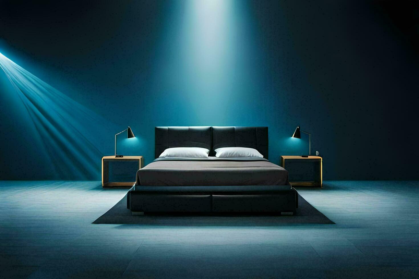 a bedroom with a bed and light shining on it. AI-Generated photo