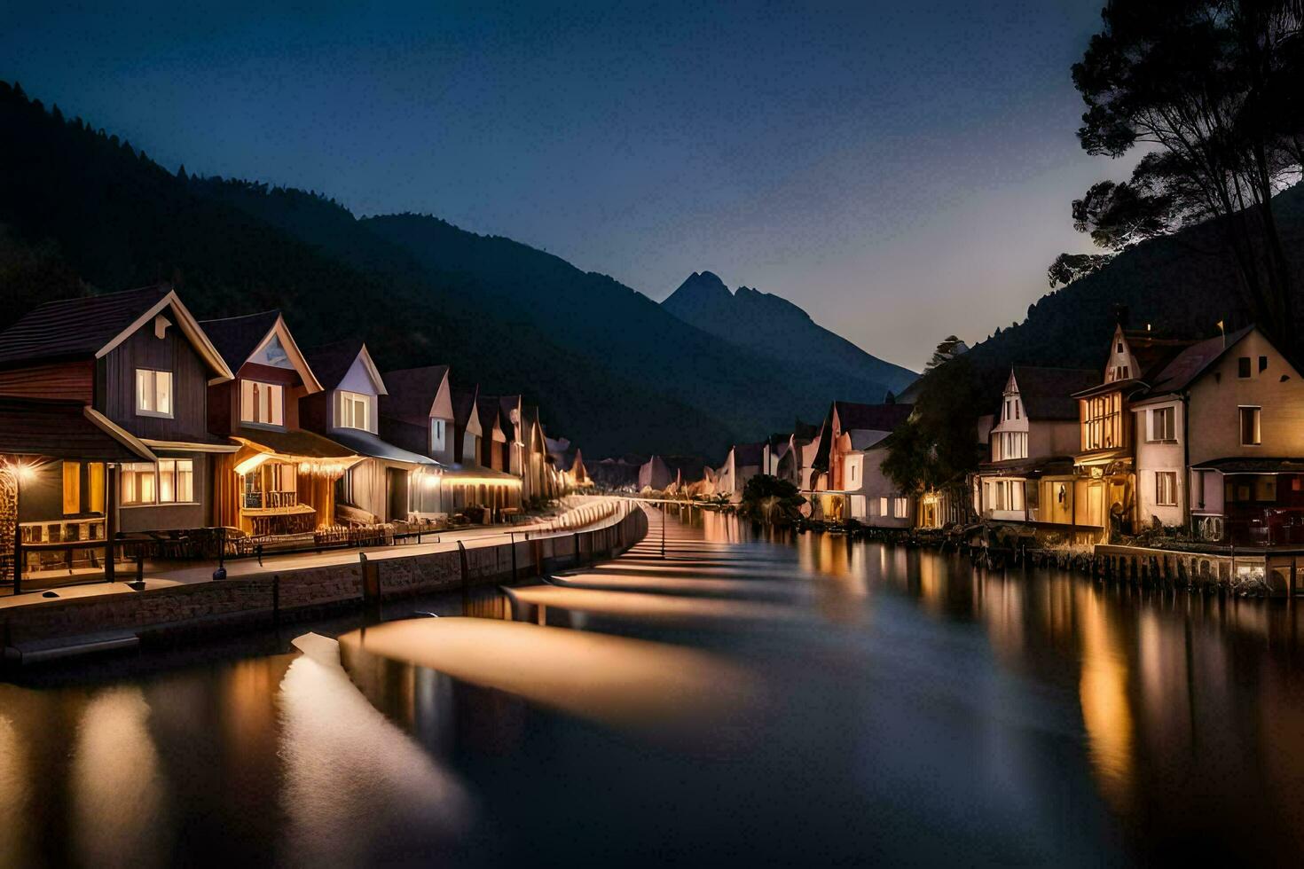 a river runs through a town at night. AI-Generated photo