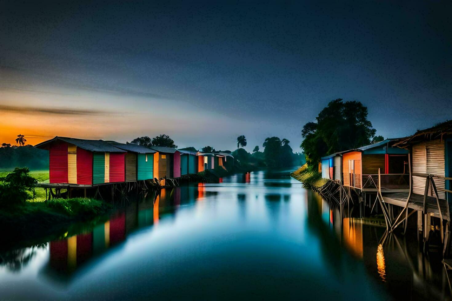 a river with colorful houses and a bridge. AI-Generated photo