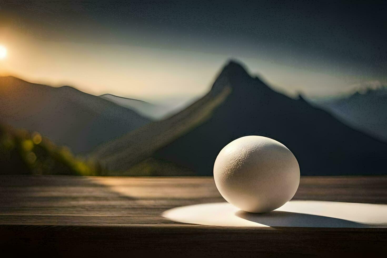 egg on a table in front of mountains. AI-Generated photo