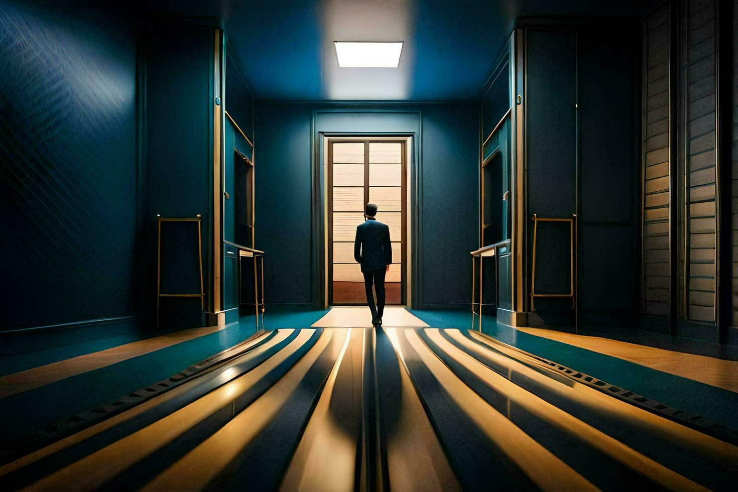 un hombre es caminando abajo un pasillo en un vacío habitación. generado por ai foto