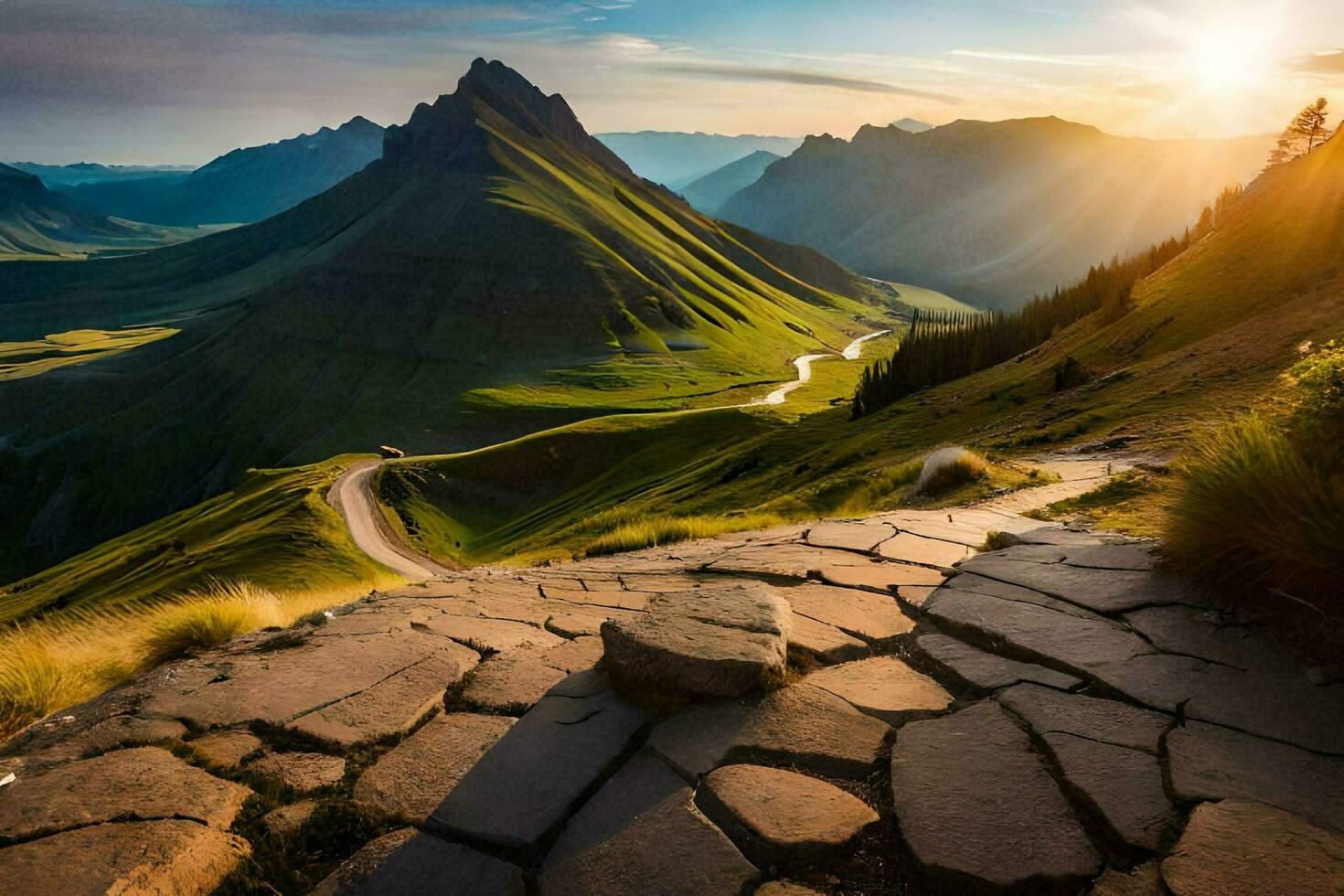 the sun rises over a mountain range with a path leading to the top. AI-Generated photo