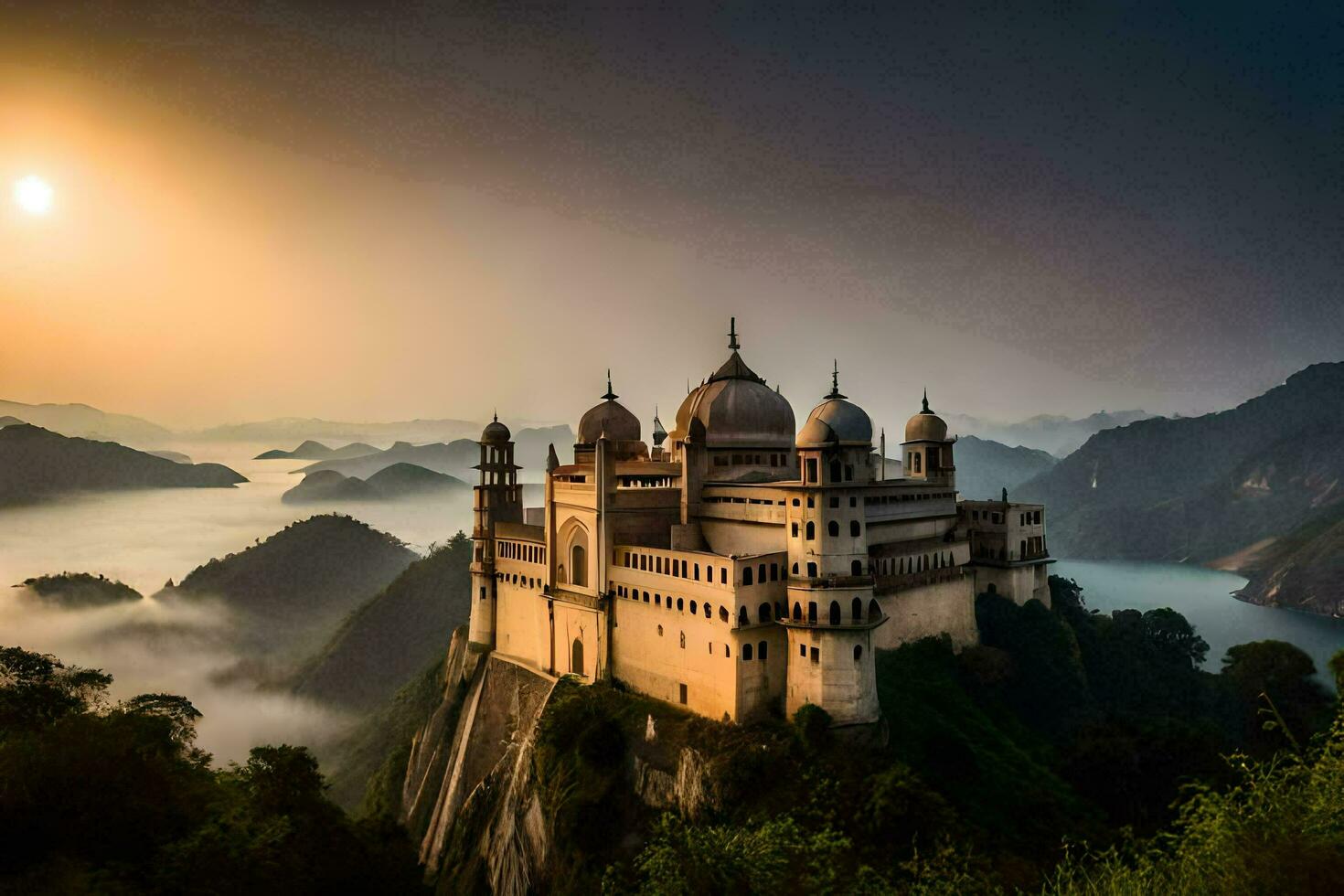 el Dom sube terminado un castillo en parte superior de un montaña. generado por ai foto