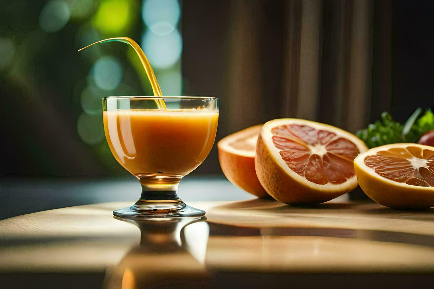 un vaso de naranja jugo con un rebanada de pomelo. generado por ai foto