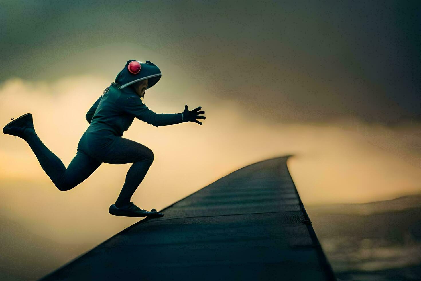 un persona en un capucha es corriendo en un puente. generado por ai foto