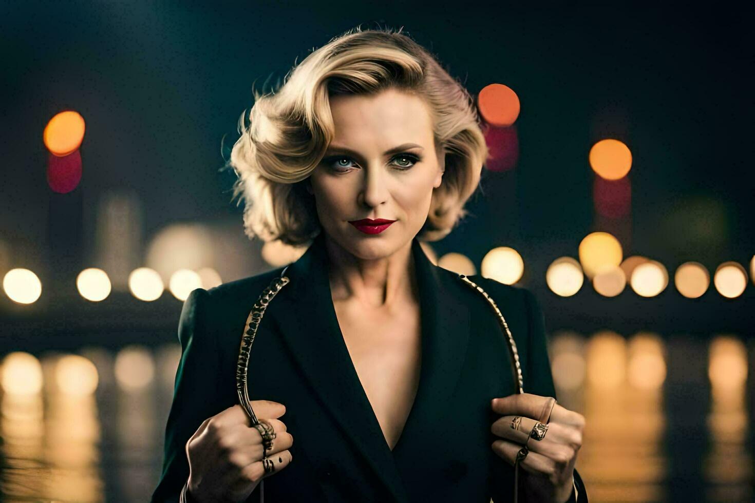 a woman in a black suit and red lipstick. AI-Generated photo