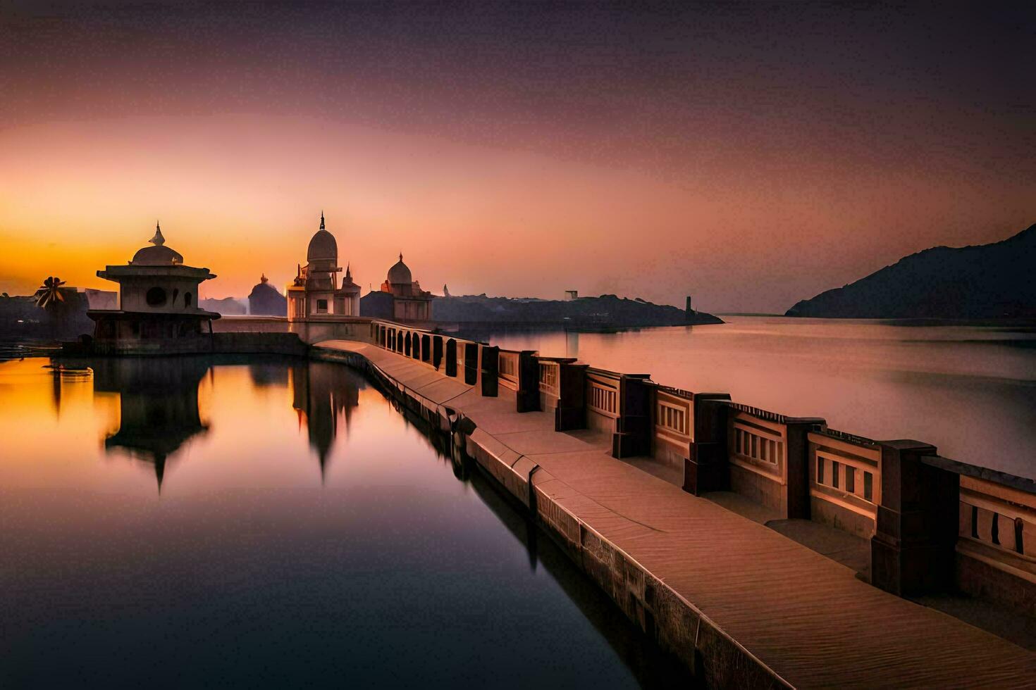 el Dom conjuntos terminado un lago y un templo. generado por ai foto