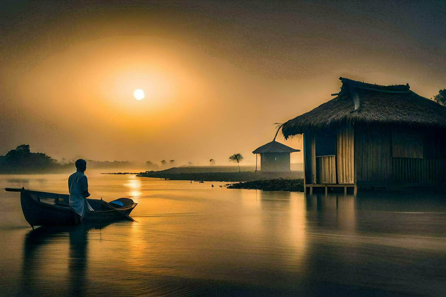 a man in a boat on the water at sunrise. AI-Generated photo