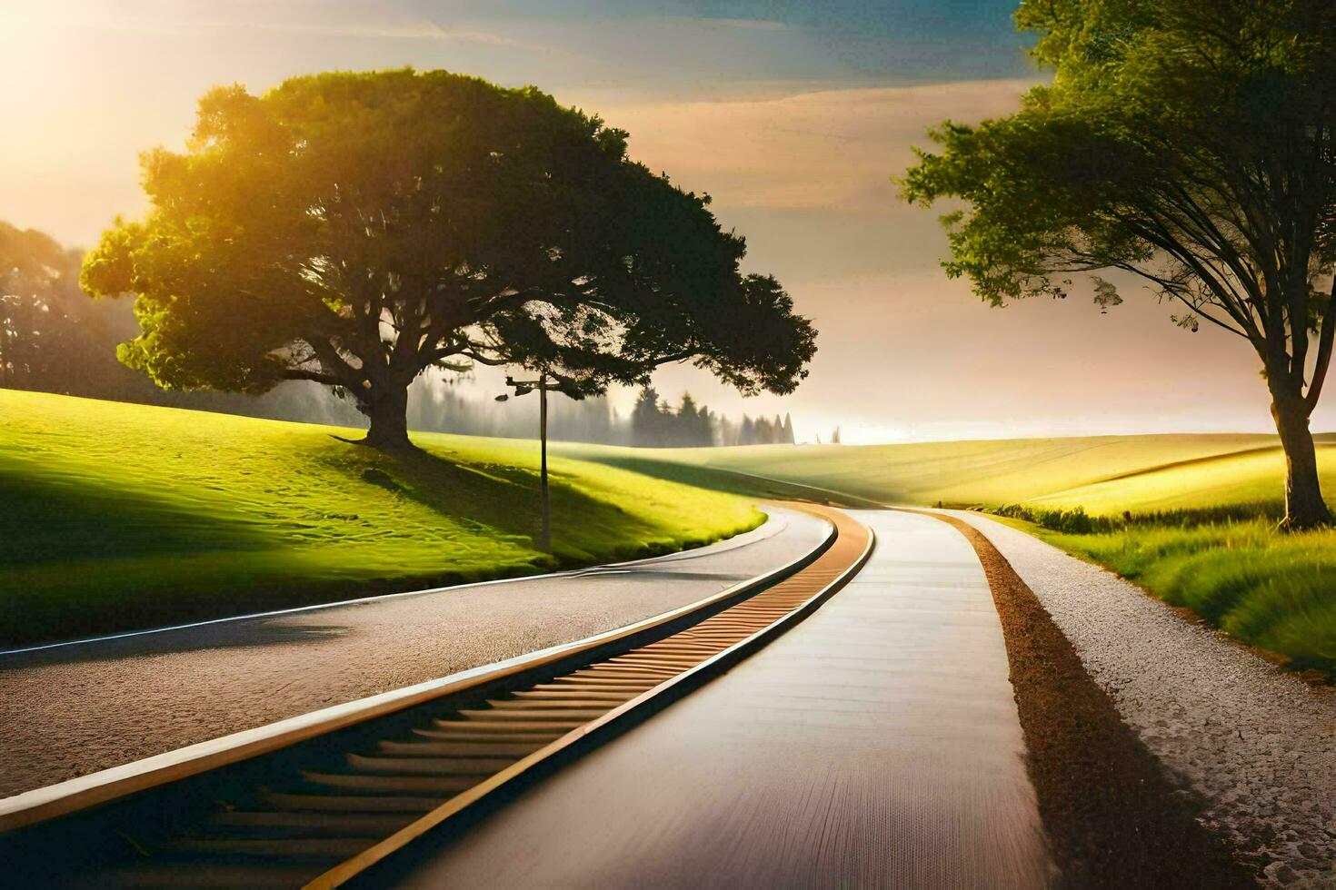 a train track running through a field with trees. AI-Generated photo