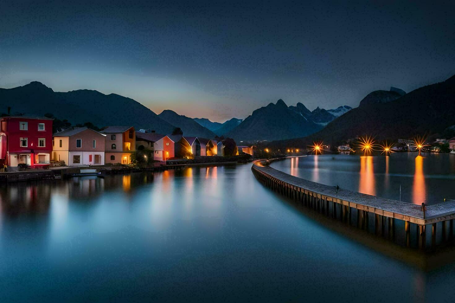 a pier in the middle of a lake at night with houses on either side. AI-Generated photo