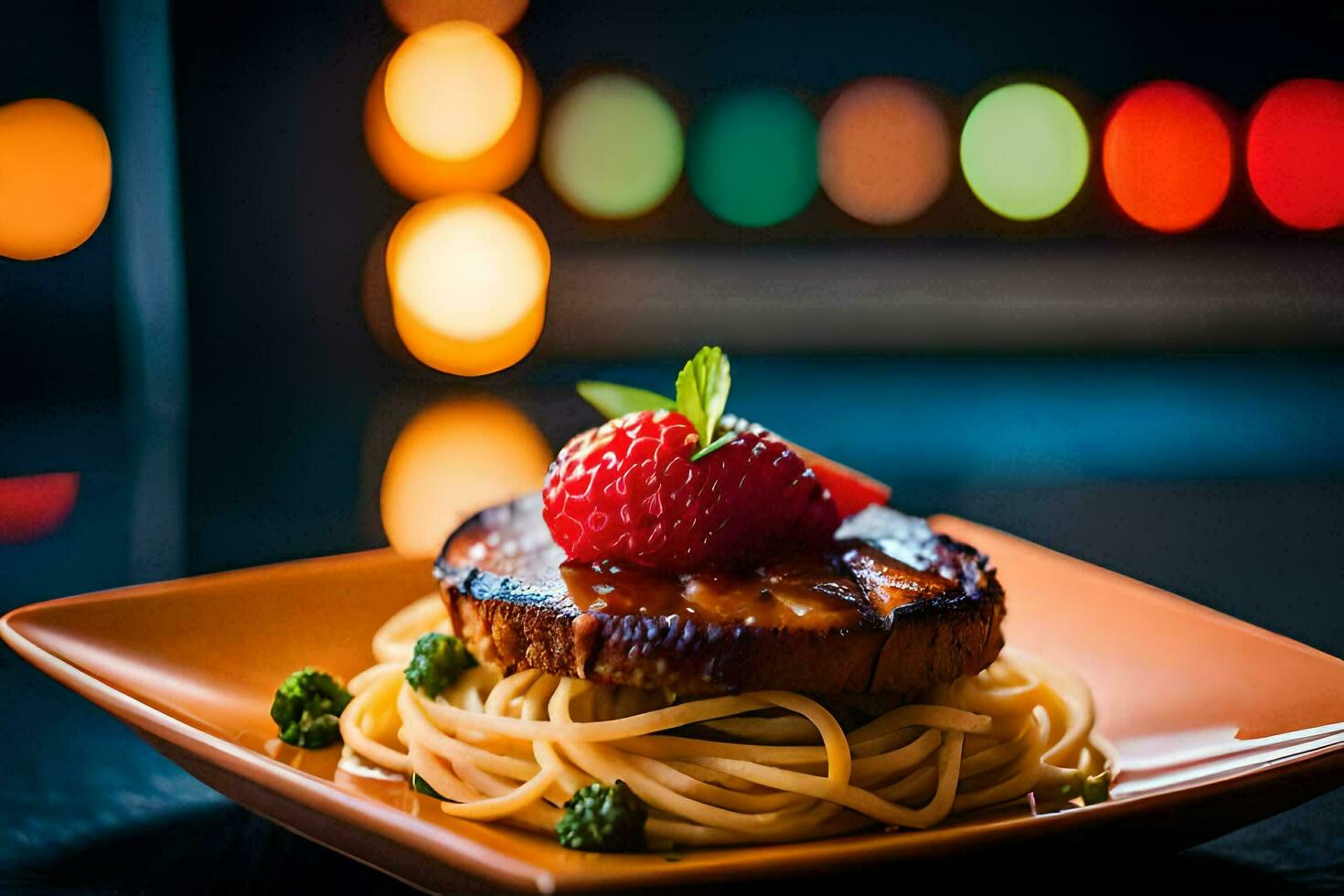 a plate with spaghetti and a strawberry on it. AI-Generated photo