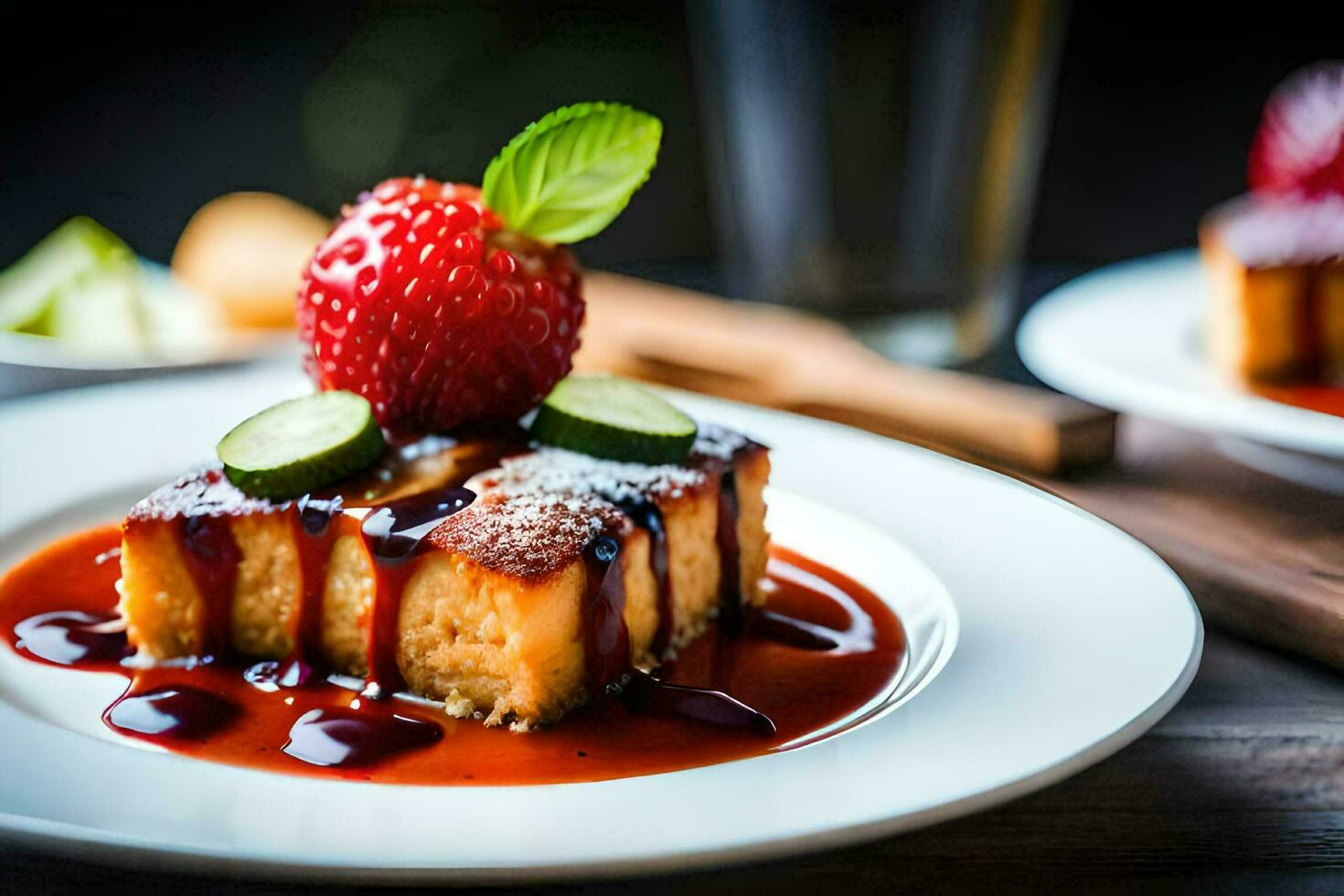 a piece of cake with strawberries and syrup on top. AI-Generated photo