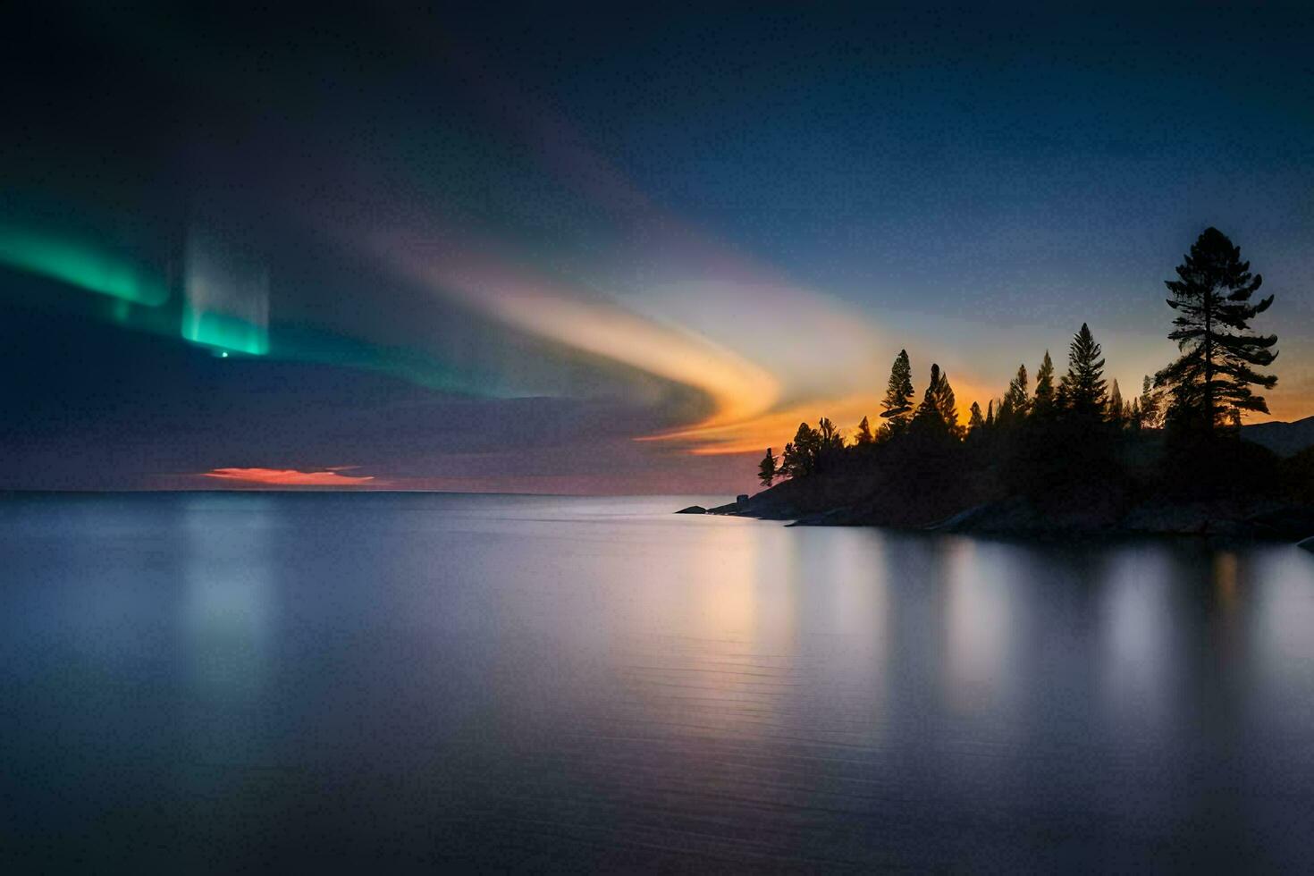 el Aurora borealis terminado lago superior. generado por ai foto