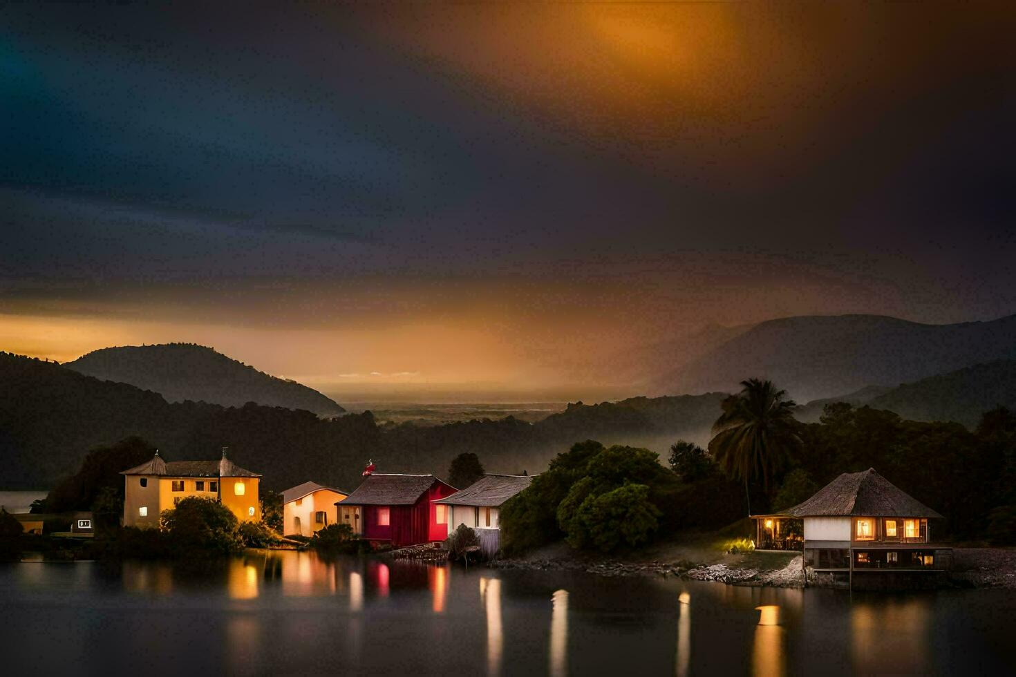 un pequeño pueblo en el apuntalar de un lago a puesta de sol. generado por ai foto