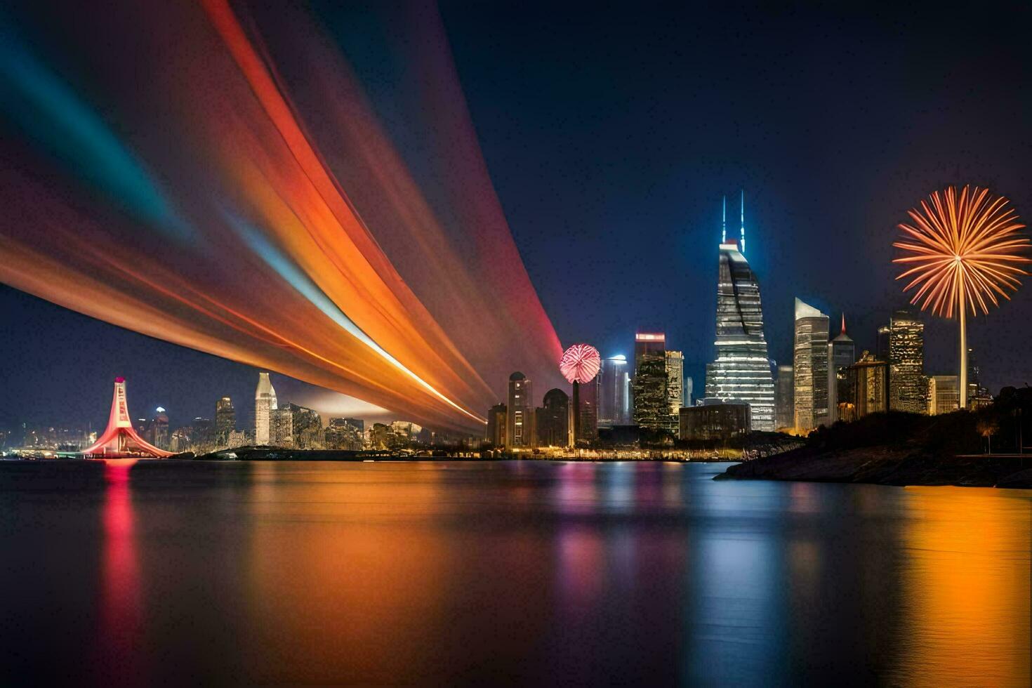 the city skyline is lit up with colorful lights. AI-Generated photo
