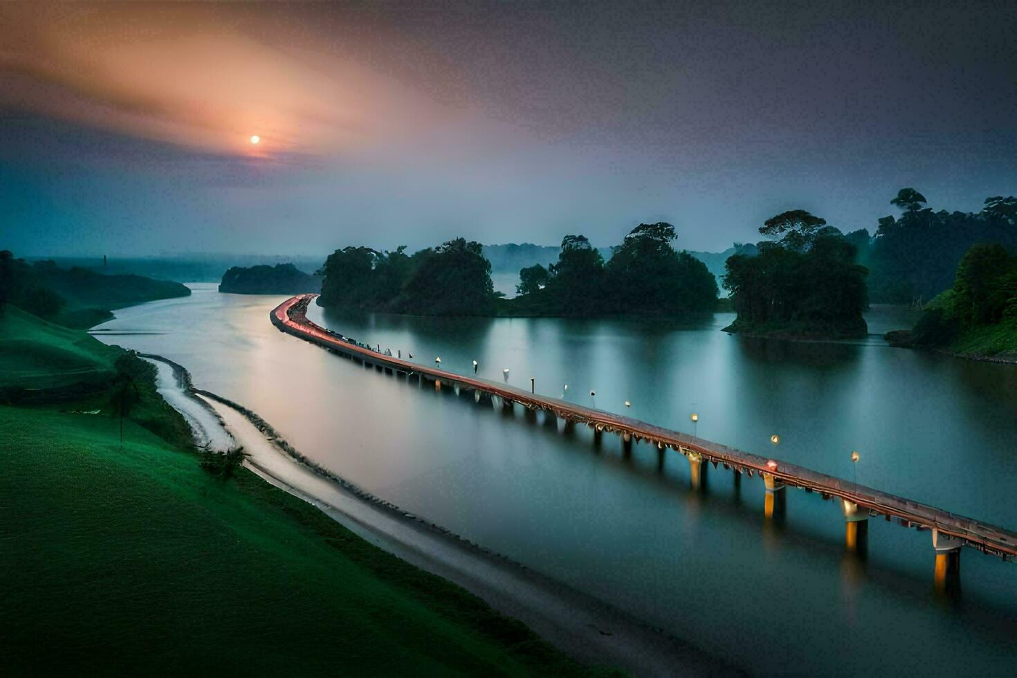 a bridge over a river at dusk. AI-Generated photo