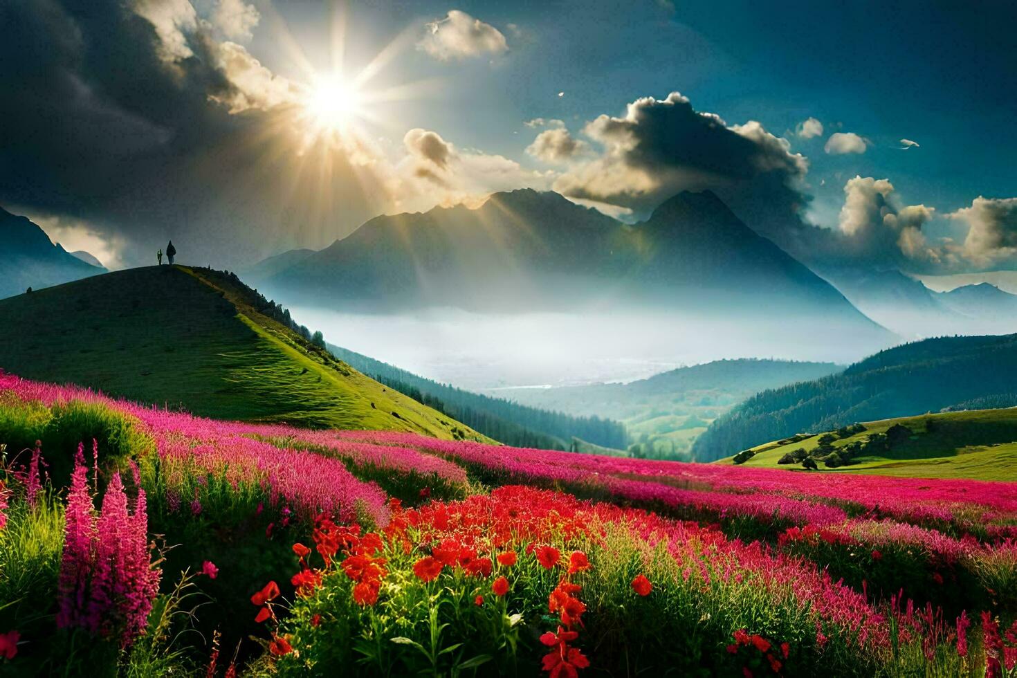 the sun shines over a field of flowers in the mountains. AI-Generated photo