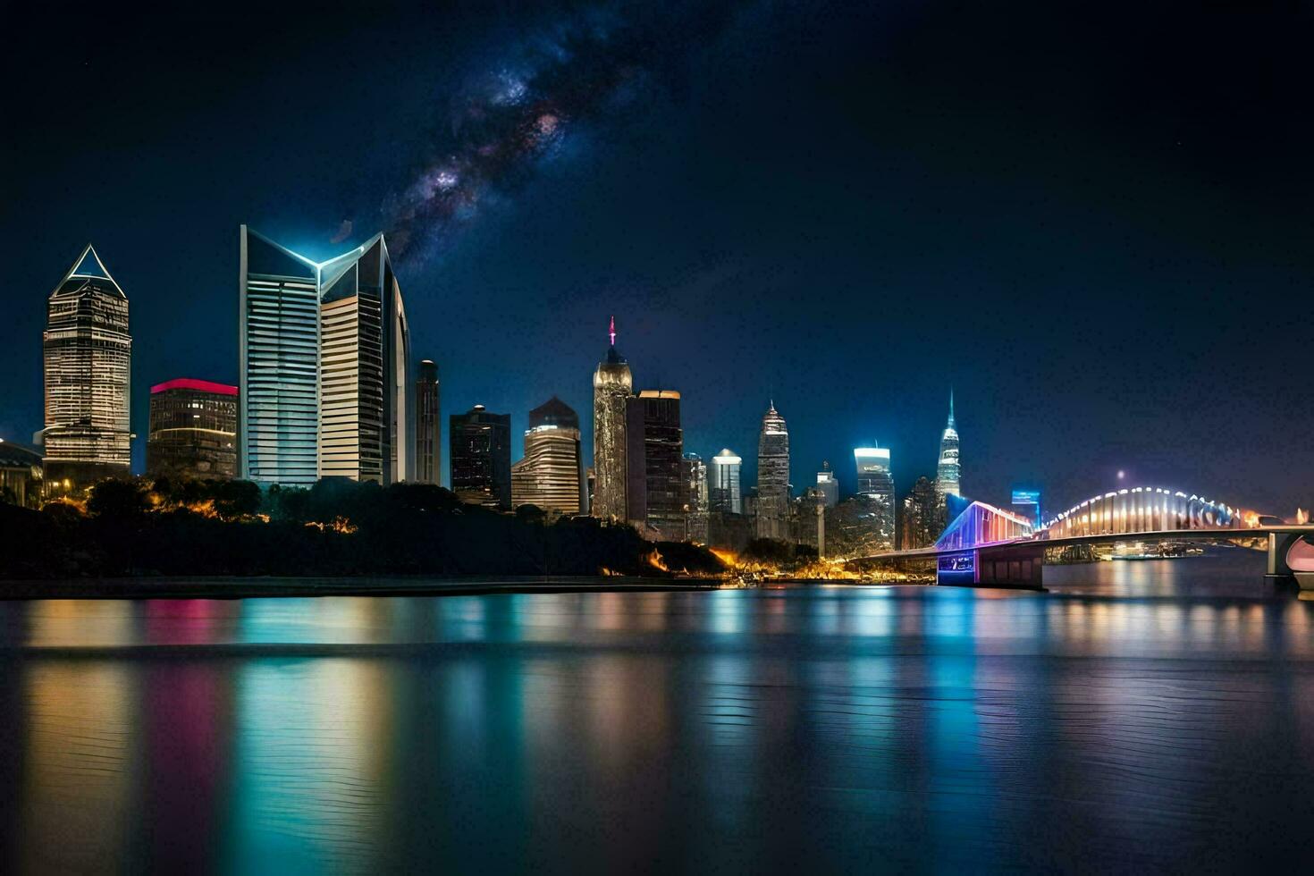 the city skyline at night with the milky way in the background. AI-Generated photo