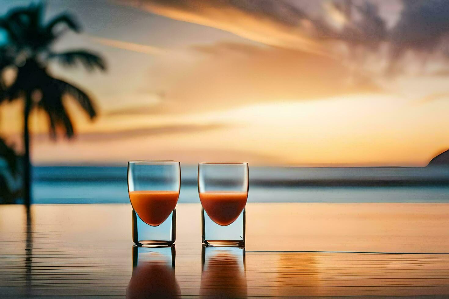 two glasses of orange juice on a table in front of the ocean. AI-Generated photo