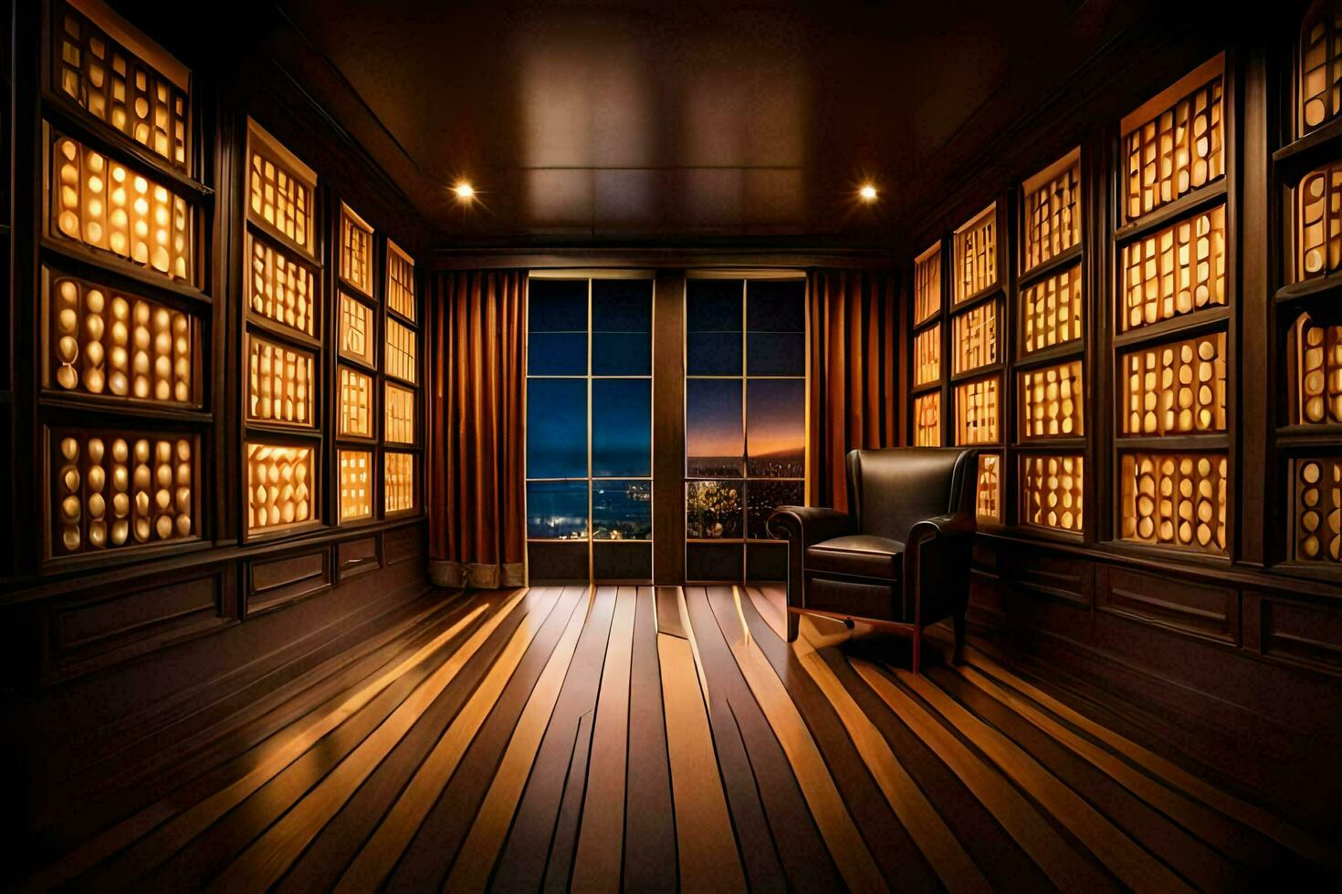 a room with a chair and a window overlooking the ocean. AI-Generated photo