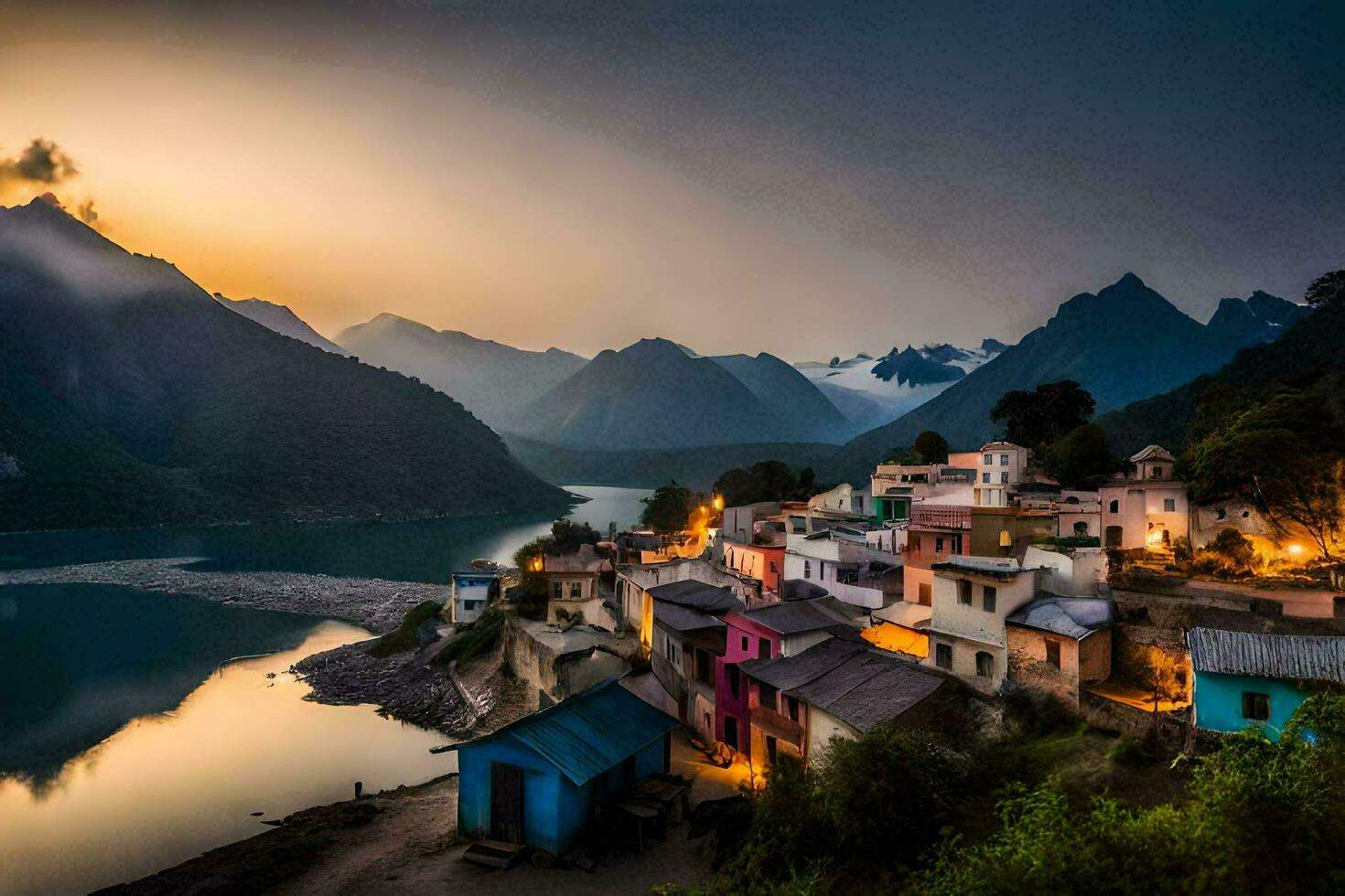 a village sits on the edge of a lake at sunset. AI-Generated photo