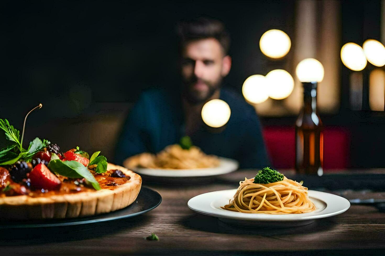 a man sitting at a table with a pizza and pasta. AI-Generated photo