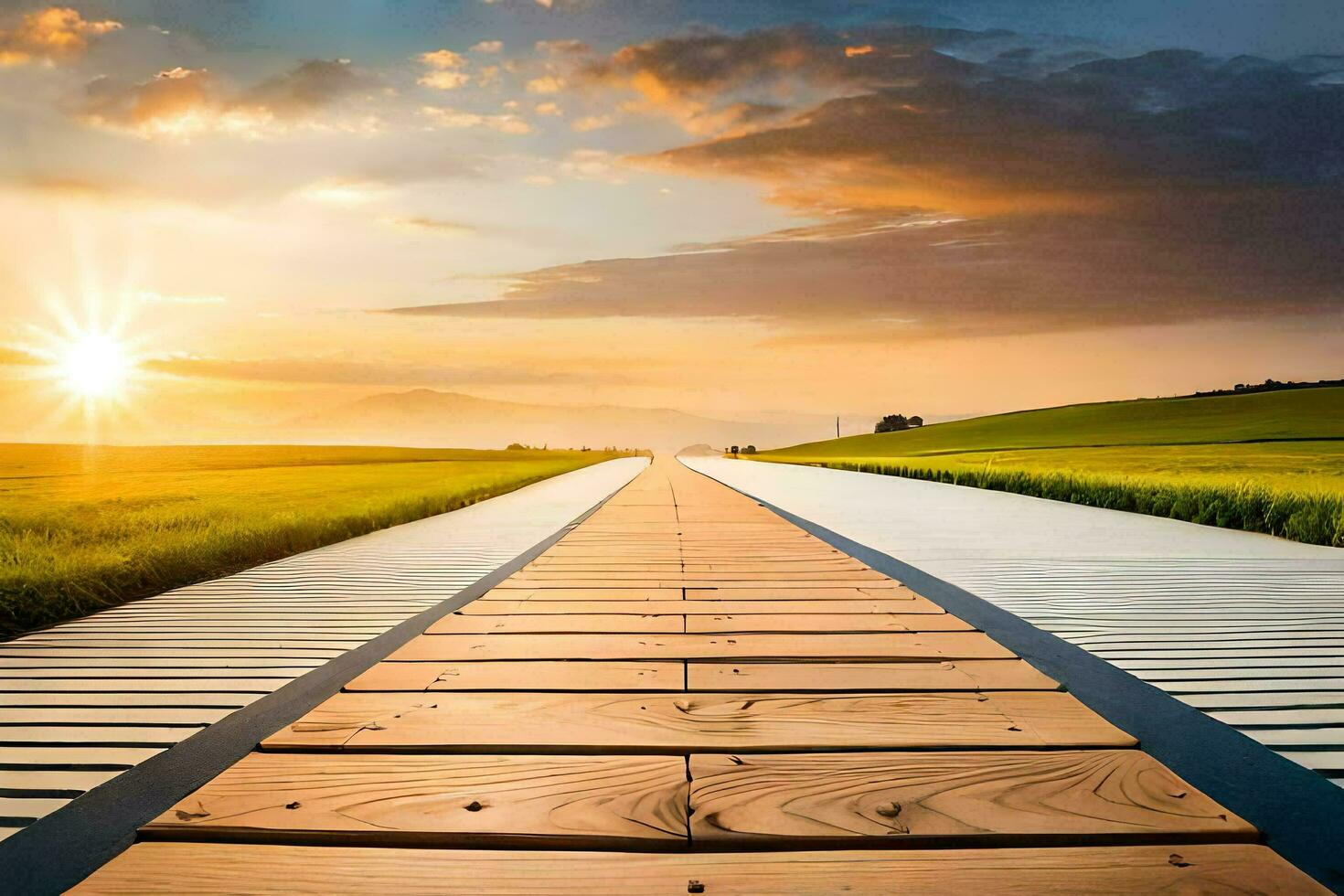 a wooden walkway leads to the sun in the sky. AI-Generated photo