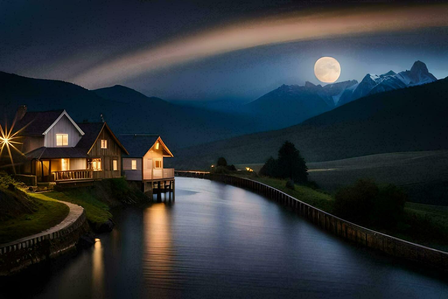 a house sits on the edge of a river with a full moon in the sky. AI-Generated photo