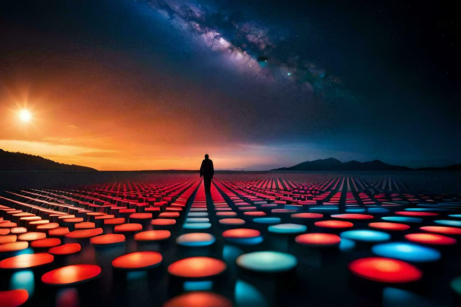 a man standing in front of a colorful field of lights. AI-Generated photo