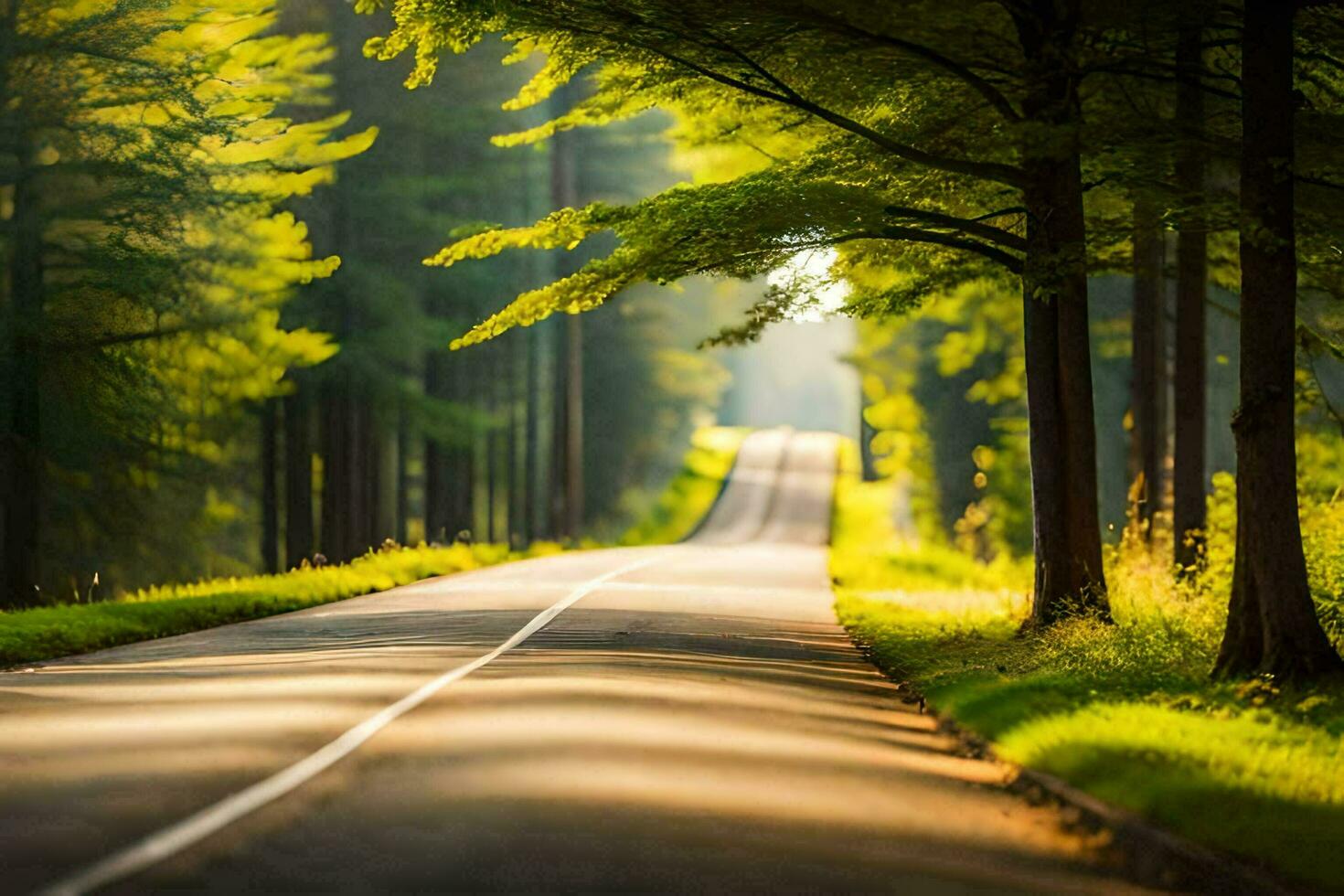 a long road through the woods with trees lining both sides. AI-Generated photo