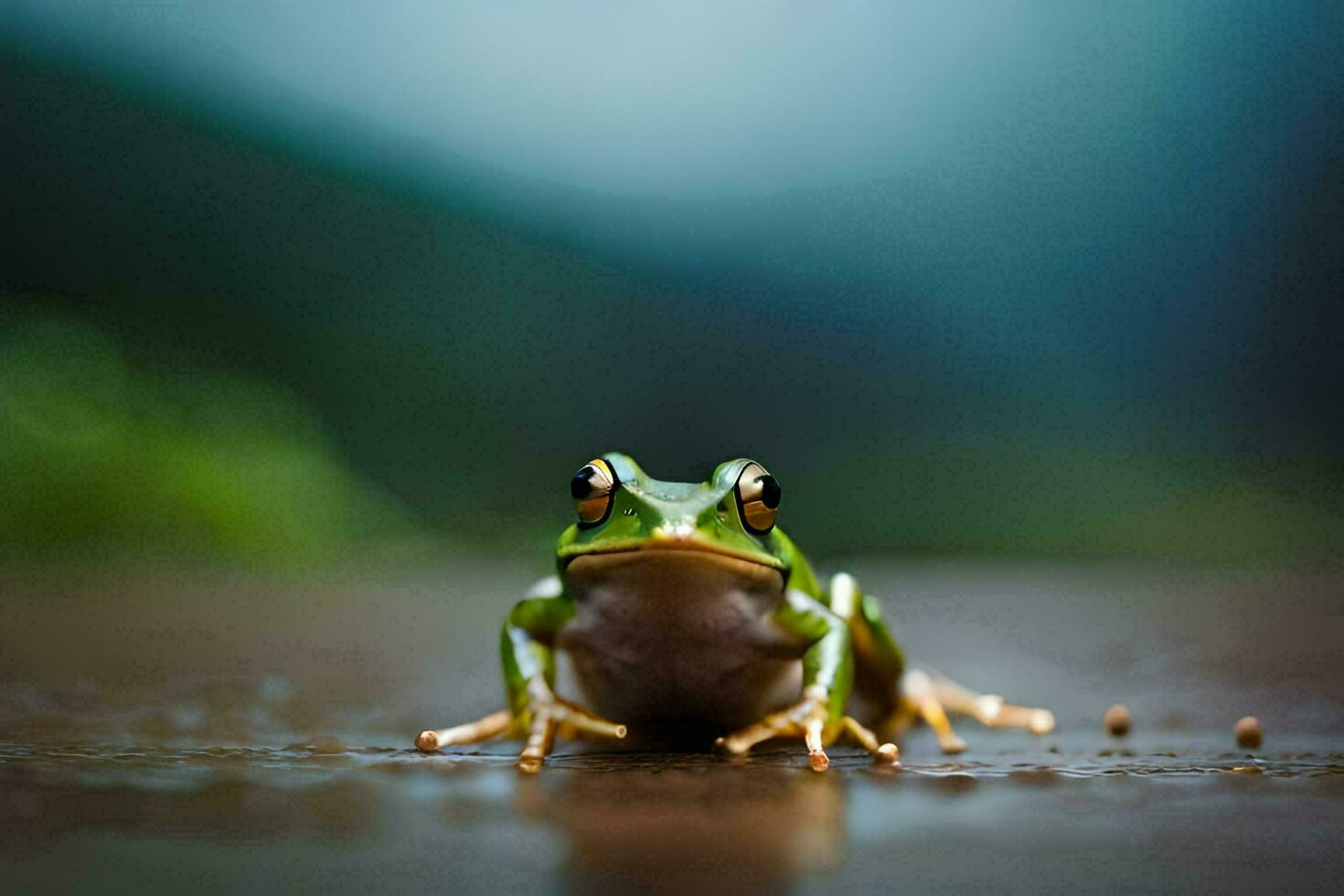 a frog sitting on the ground in front of a blurry background. AI-Generated photo