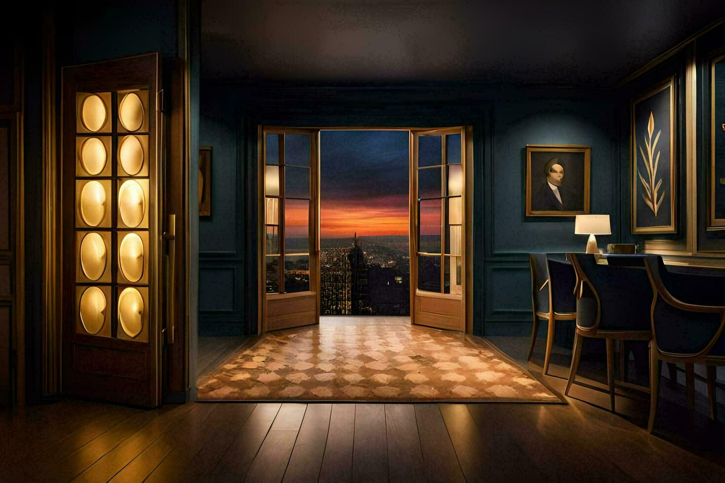 a room with a view of the city at sunset. AI-Generated photo