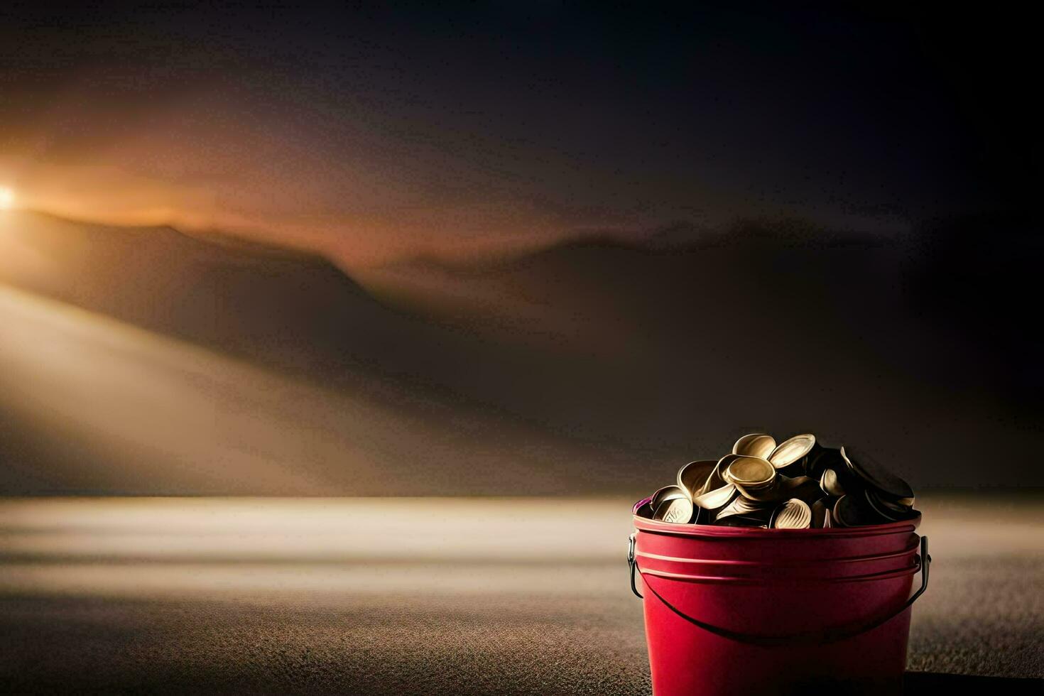 a bucket of coins sitting on the ground. AI-Generated photo