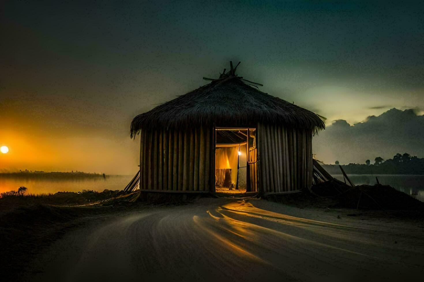 a hut on the beach at sunset. AI-Generated photo