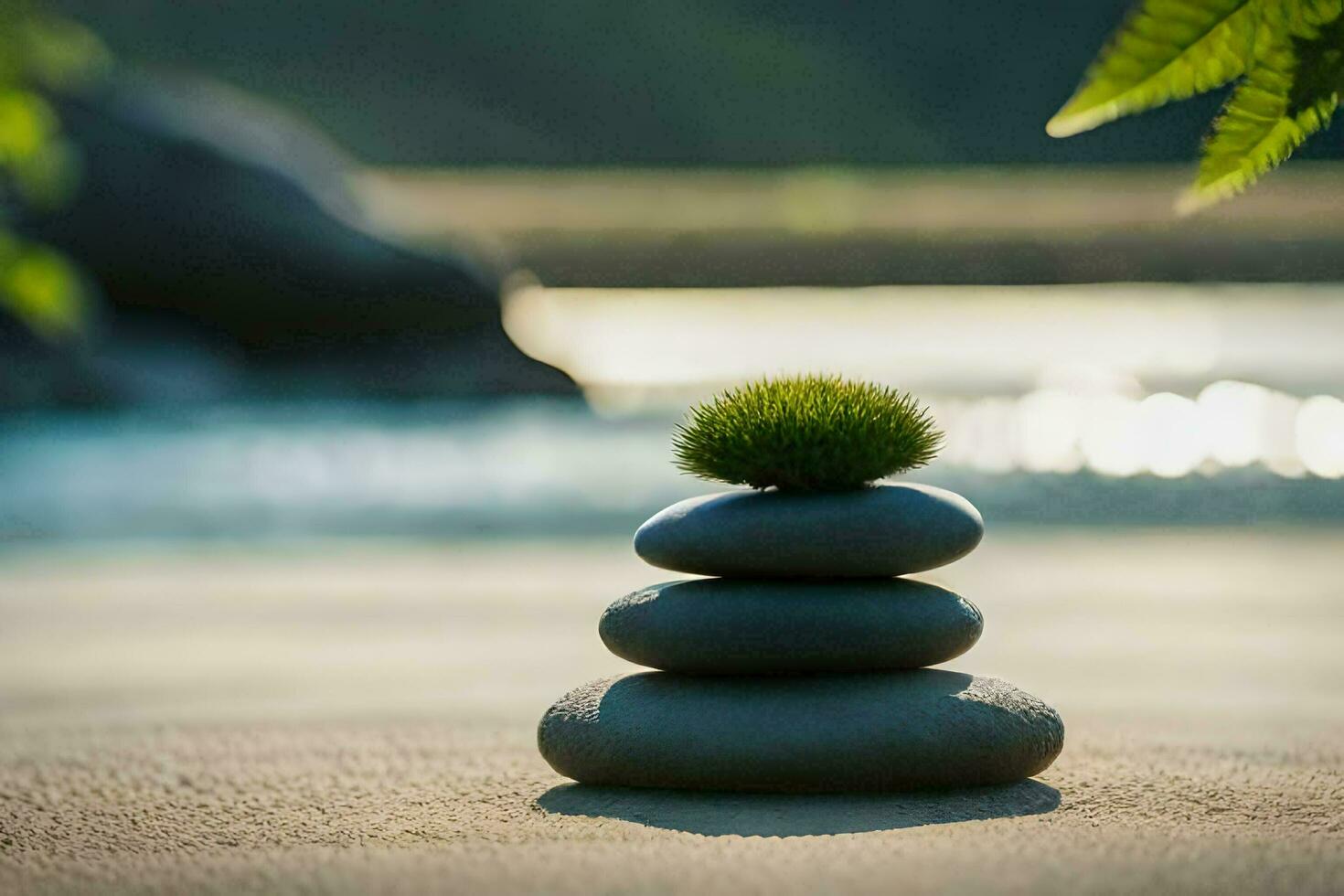 a stack of stones on the beach with a green plant. AI-Generated photo