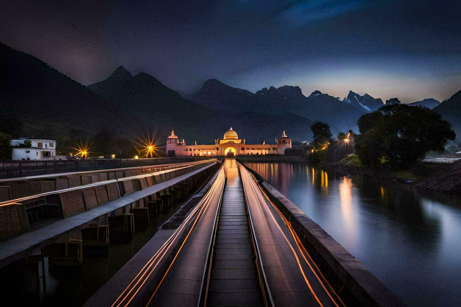 a train tracks in front of a building at night. AI-Generated photo