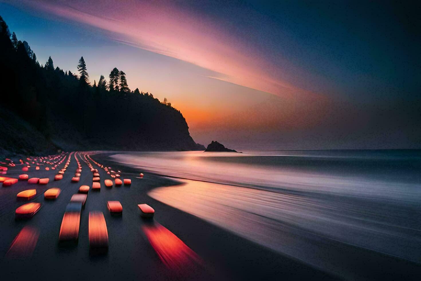 a long exposure photograph of a beach with lights on it. AI-Generated photo