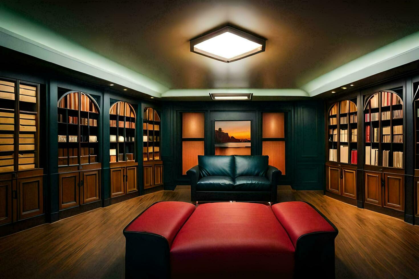 a room with a leather chair and bookshelves. AI-Generated photo