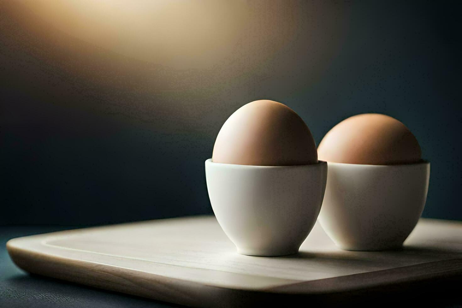 two eggs in white cups on a wooden cutting board. AI-Generated photo