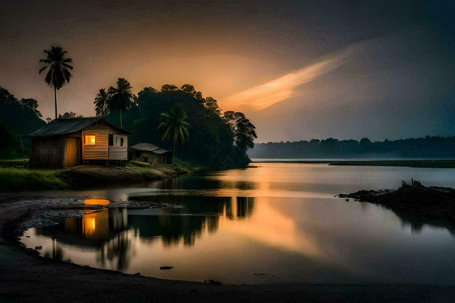 a small hut sits on the shore of a lake at sunset. AI-Generated photo