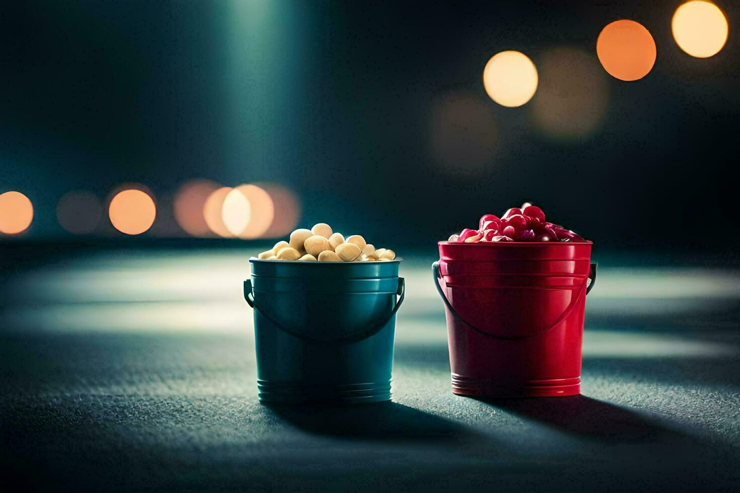 two buckets of popcorn on a dark background. AI-Generated photo