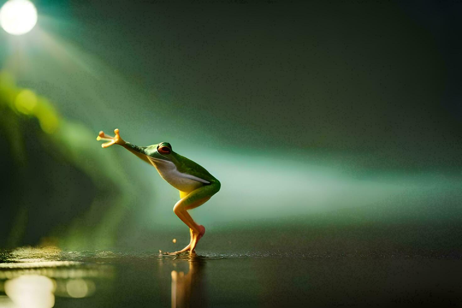 a frog is standing on its hind legs in the water. AI-Generated photo